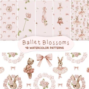 Puede incluir: Un conjunto de 10 patrones de acuarela con ilustraciones de ballet de conejos, osos y flores. Los patrones son perfectos para crear diseños digitales o impresos para telas, papel tapiz, papelería y más.