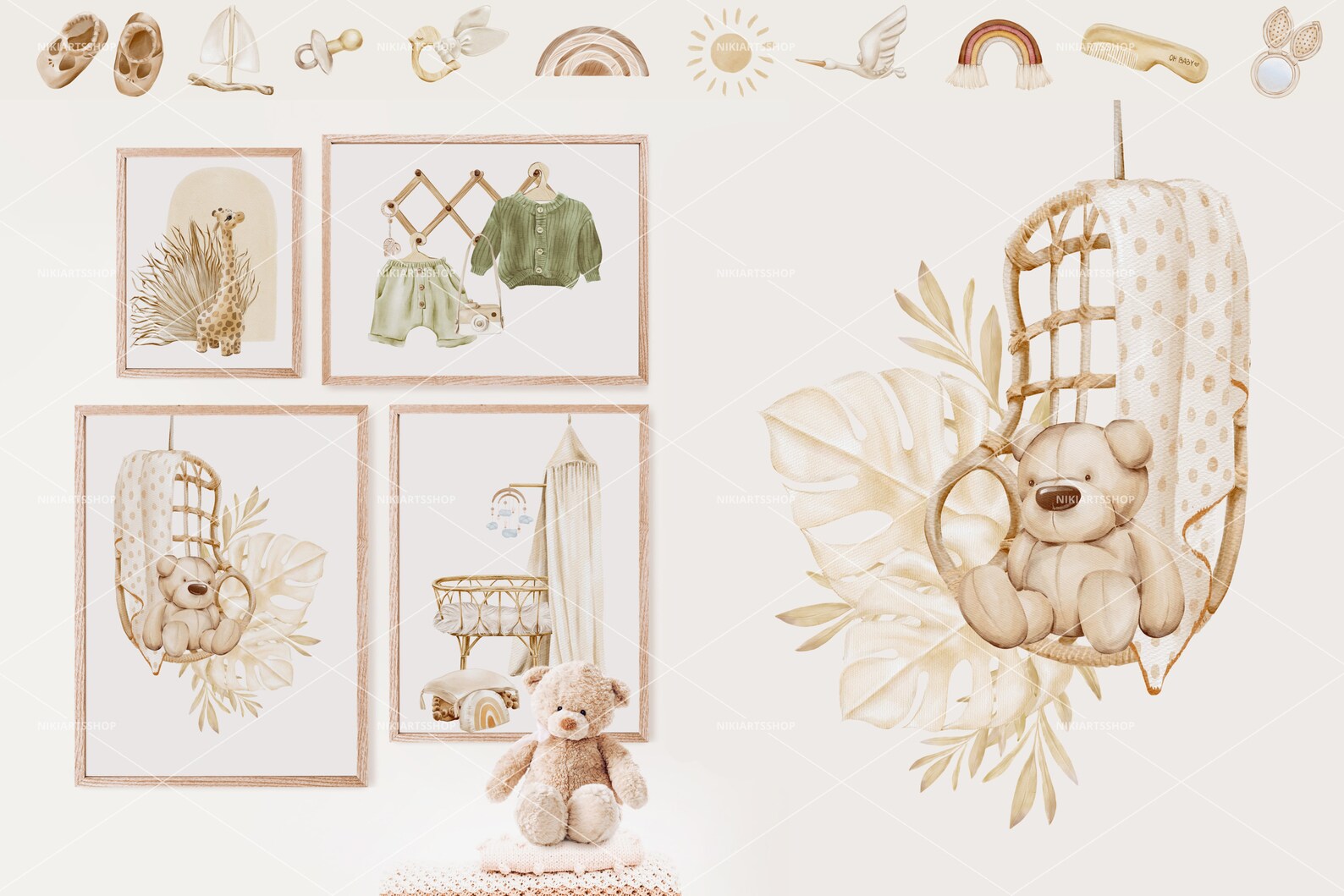 Boho Nursery Watercolor Clipart Bundle, Baby Shower Kit (digital ...