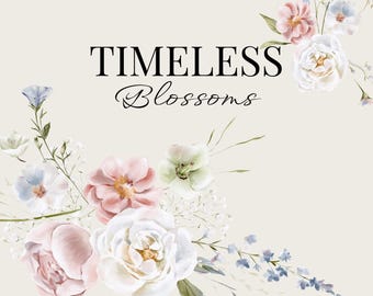 May include: Watercolor floral design featuring a variety of flowers in soft pastel colors, including pink, white, and blue. The text "TIMELESS Blossoms" is displayed in elegant typography, with "57 Hand-Drawn Elements" above.