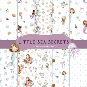 May include: Ten watercolor patterns featuring a variety of sea creatures, including mermaids, jellyfish, seahorses, and turtles. The patterns are on a white background with purple, blue, and brown accents. The text "Little Sea Secrets" and "10 Watercolor Patterns" is displayed on a purple banner.