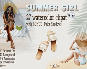 Watercolor Summer Girl Clipart, Fashion Illustration, Beach Decor (Digital Download)
