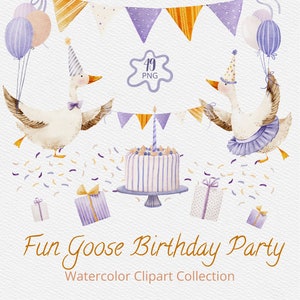 Fête d'anniversaire amusante avec une oie - aquarelle - ballon - noeud - animaux de la ferme - papiers numériques - téléchargement numérique instantané, PNG