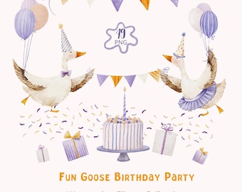 Goose Birthday Party Watercolor Clipart – Farm Animal PNG (Digital Download)