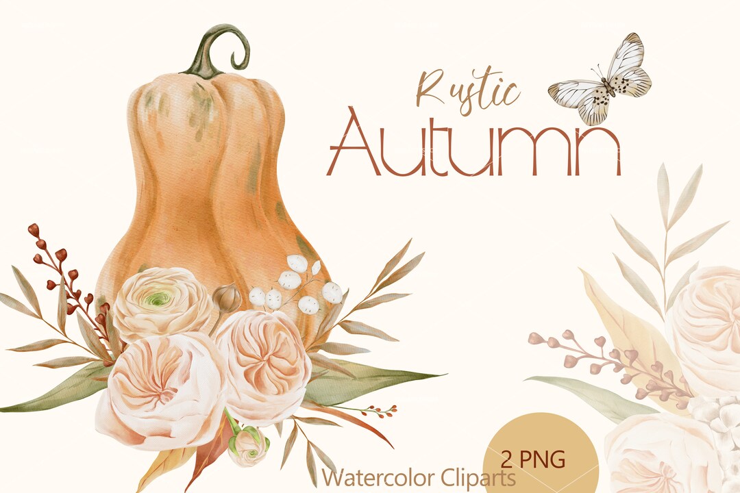 Watercolor Fall Clipart - Pumpkin & Floral Autumn PNG (digital Download ...