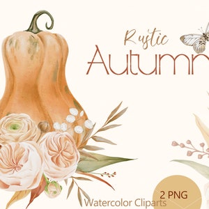 Fall Clipart - Watercolor Autumn Clipart - Pumpkin Clipart - Boho Autumn - Autumn Pumpkin png - Autumn Flowers - Fall Sublimation Design
