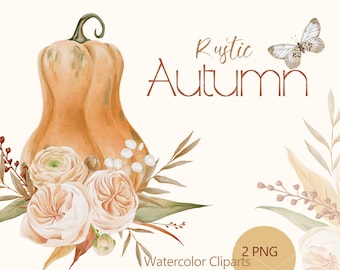 Watercolor Fall Clipart - Pumpkin & Floral Autumn PNG (Digital Download)