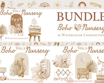 Boho Nursery Watercolor Clipart Bundle, Baby Shower Kit (Digital Download)