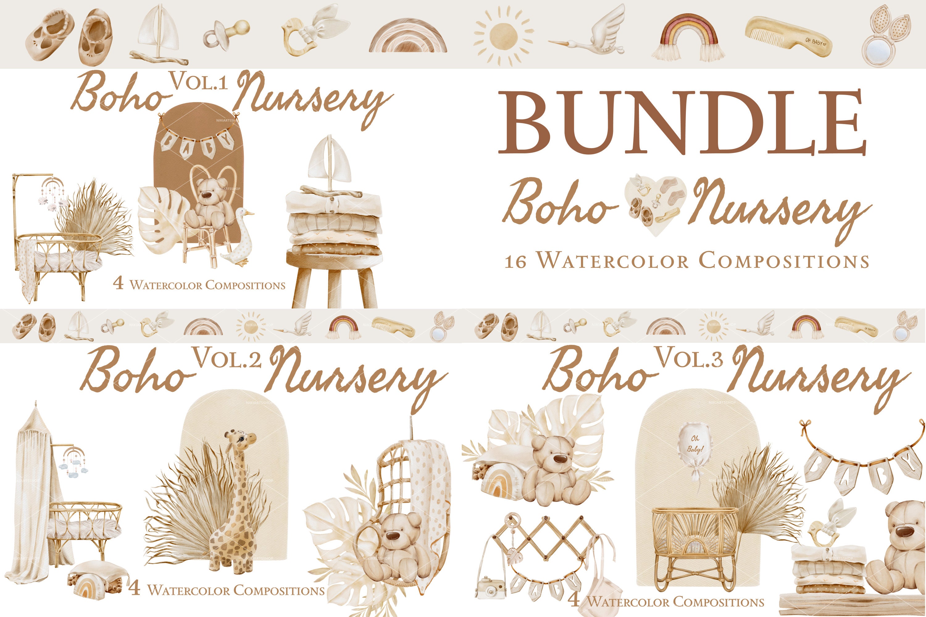 Boho Nursery Watercolor Clipart Bundle, Baby Shower Kit (digital ...
