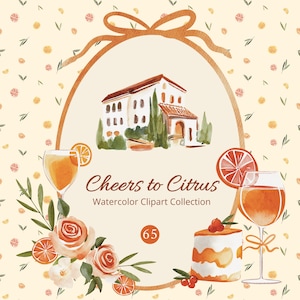 Ensemble de cliparts mariage agrumes - oranges, citrons, cocktails, verdure - aquarelle