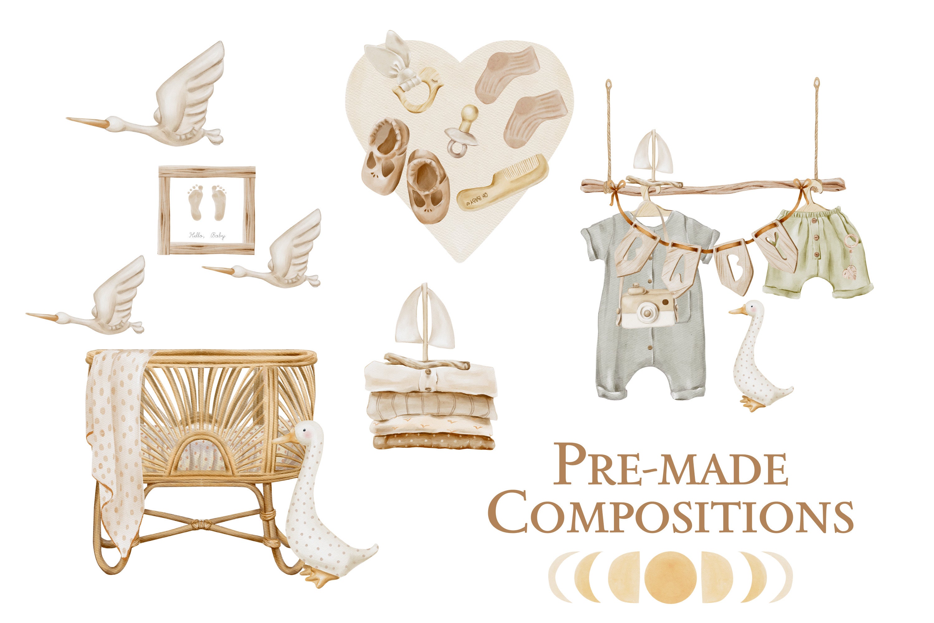 Boho Nursery Watercolor Clipart Bundle, Baby Shower Kit (digital ...
