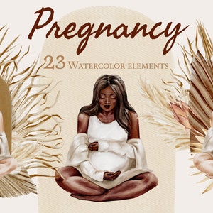Boho kobieta w ciąży, clipart akwarela czarne kobiety, planer ciąży, clipart afroamerykańskiej kobiety w ciąży, baby shower, mama do przybycia, PNG
