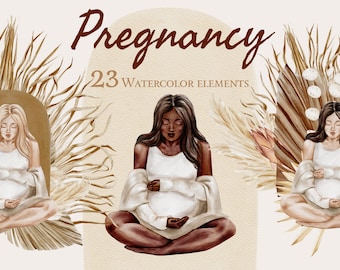 Clipart grossesse bohème aquarelle, maman afro-américaine (téléchargement numérique)