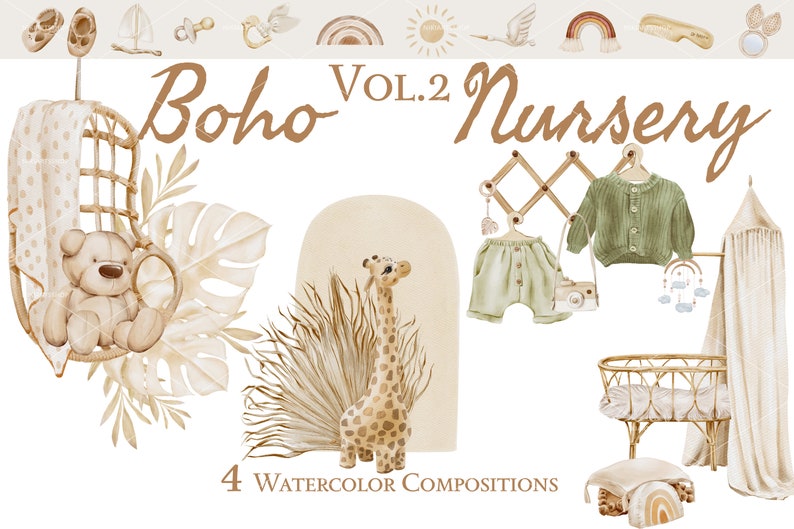 Boho Nursery Watercolor Clipart Bundle, Baby Shower Kit (digital ...