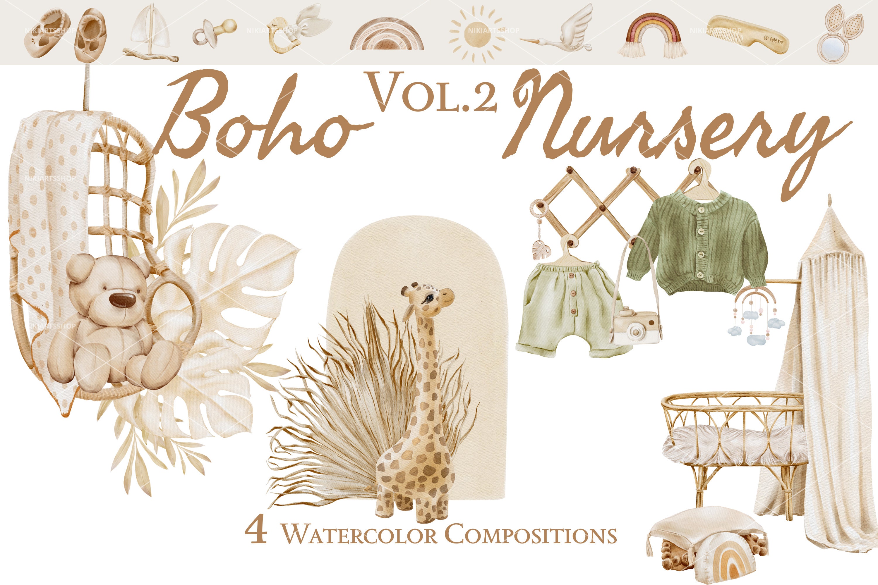Boho Nursery Watercolor Clipart Bundle, Baby Shower Kit (digital ...
