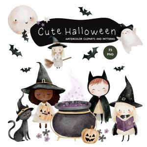 Cute Halloween - Watercolor Clipart - Pumpkin Clipart -  Pastel Spooky Clip Art - Pumpkin Clipart - Kids Halloween PNG - Cute Little Witch