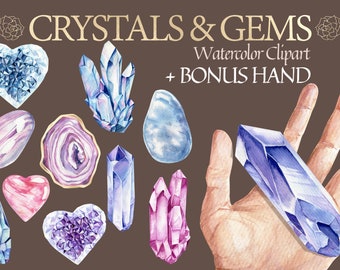 Aquarell Kristalle & Edelsteine, Mineralien Clipart, Kristall-Kit, Edelstein Clipart, himmlische Aquarell