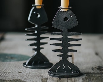 Steel Fish Skeleton Candle Holders (pair) Steve Swain Made on Cape Cod