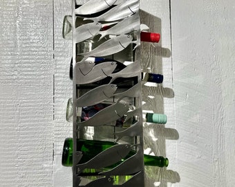 Steel Wall Mounted Steve Swain Fish Art 4 bottle Wine Rack Hand made on Cape Cod