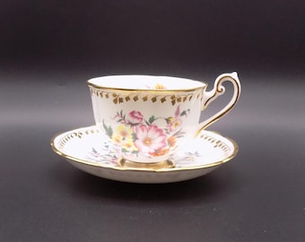 Vintage Grosvenor White Floral with Gold Accents Teacup and Saucer  Made in England  1950s
