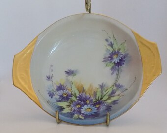 Vintage Handpainted Blue And Purple Daisies Dish With Gold Handles - Artist Signed