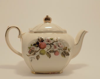 Vintage Sadler England Cube Teapot - Fruit & Blossom Pattern - Small Gilded Teapot