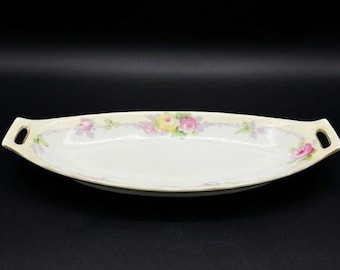 Antique Handpainted Nippon Celery Dish: Pink & Yellow Roses, Gold Trim