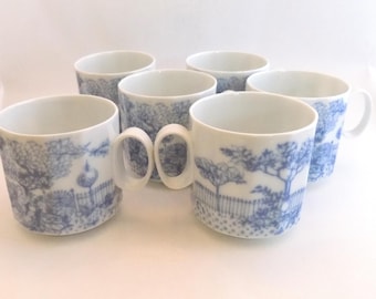 Vintage Rosenthal Studio Linie Serenade Blue Garden Scene Coffee Mugs, Set of 6, Tapio Wirkkala Design, Made in Germany