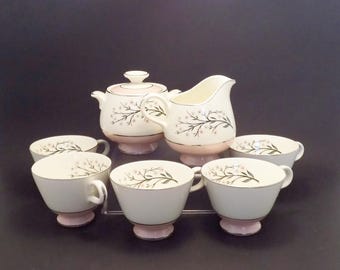 Tazas de café con pie, azucarero y crema de Homer Laughlin "Primavera"