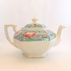 Vintage adler “Summerfields” Teapot – 32 oz Turquoise Floral Chintz with Gilt Trim