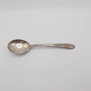 Pode incluir: Uma colher de prata com uma tigela oval e um cabo longo. O cabo apresenta um design floral ornamentado perto da extremidade. A colher é provavelmente vintage, mostrando sinais de desgaste.