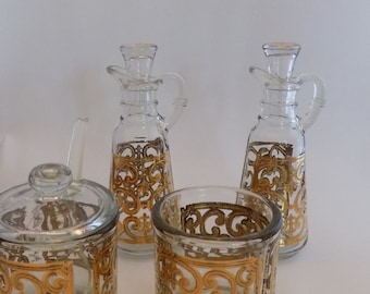 Mid-Century GEORGES BRIARD "RARE" Condiment Set -Two Cruets, Mustard Pot With Spoon, And Sugar- Gold Filigree on Clear Glass