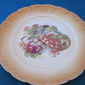 Plato vintage de mediados de siglo para ensalada, pan y postre, pintado a mano, de 19 cm con frutas de colores sobre fondo blanco y borde marrón (pera, ciruela y frutos rojos).