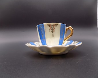 Vintage  "Blue and Ivory Striped" Demitasse Cup and Saucer Made in Japan 1950s