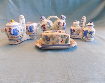 Vintage Nasco Blue Rooster Hand-Painted Condiment Set Mid-Century Made in Japan, Butter, Salt and Pepper, Oil and Vinegar, Sugar and Creamer