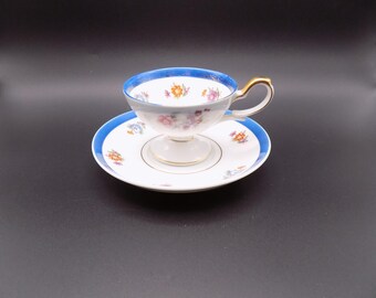 Vintage Handpainted White and Floral with Blue Trim Pedestal Demitasse Cup and Saucer Made in Occupied Japan 1945-1952