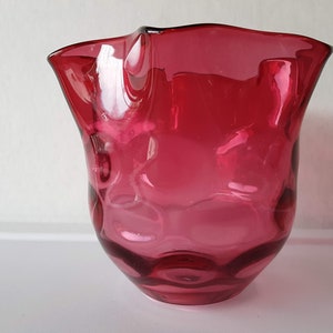 Beautiful Cranberry Bowl or Small Vase -Fenton or Pilgrim Probably-  with Thumbprint Sides and Ruffled Edge