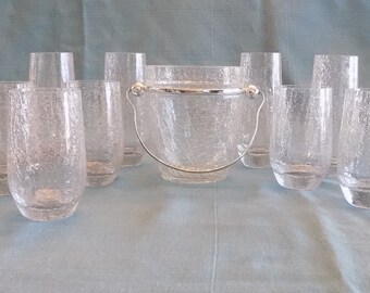 10 pc Mid-Century Crackle Glass Barware Set - Ice Bucket & 4 Tumbler and 5 Highball Glasses