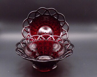 Vintage Imperial Ruby Red Button and Cane Small Bowl Open Lace Edge Made in USA 1930s