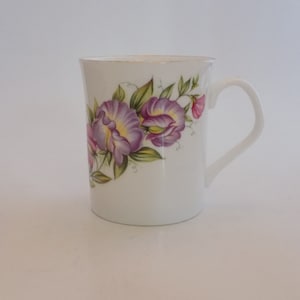 Elizabethan Pink & Purple Flowers Fine Bone China Teacup - Yellow Accents, and Green Foliage, Gold Trim - Made in Staffordshire England