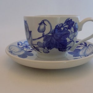 Vintage &quot;Harvest Blue&quot; Floral Teacup and Saucer-Made by Portmeirion, Designed by Angharad Menna -Made In England-Blue and White-Large Cup