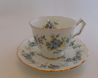 Vintage "Marine Rose" Aynsley Teacup and Saucer, Blue Floral with Gold Trim, 1940s Style English Bone China