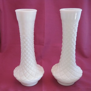 Vintage White Milk Glass Vases - pre-1950-Ring Of Fire-Diamond Pattern, Globe Bottom, Trumpet Stem