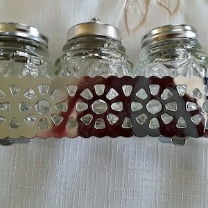 Vintage Four Piece Condiment Set-Salt, Pepper, Mustard/Jam/Honey/Relish in Matching Caddy-Shiny Stainless Steel And Glass-Made In Hong Kong