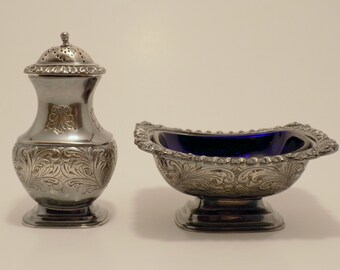 Antique Ellis Barker Silver Plate Salt Cellar & Pepper Shaker - Cobalt Blue Glass Liner