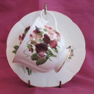 Vintage Royal Patrician Fine Bone China Footed Teacup And Saucer Featuring Pink And Purple Pansies, Gold Trim- Gift for Her
