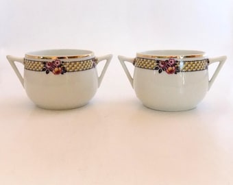 Vintage Limoges Set of 2 Two-Handled Demitasse / Bouillon Cups - Black and Yellow Art Deco Design, France