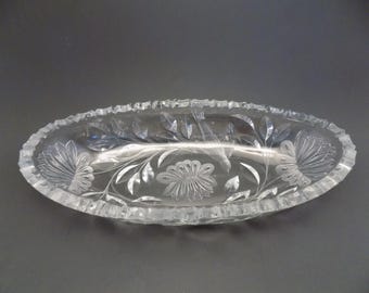 Vintage American Brilliant Cut Crystal Relish Tray: Etched Bird, Butterfly & Flowers