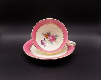 Vintage Aynsley "Rose and Water Lily" Teacup and Saucer Pink and Ivory Floral Made in England  1950s AS IS