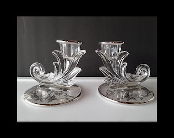 Vintage Fostoria Baroque "Flanders Poppy" Crystal Candlestick Pair with SilverOverlay