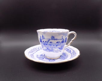 Vintage Royal Stafford "Shakespeare Cottage" Teacup and Saucer Blue and White Made in England  1940-60s